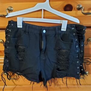 SHEIN Black Distressed Lace-Up Jean Shorts